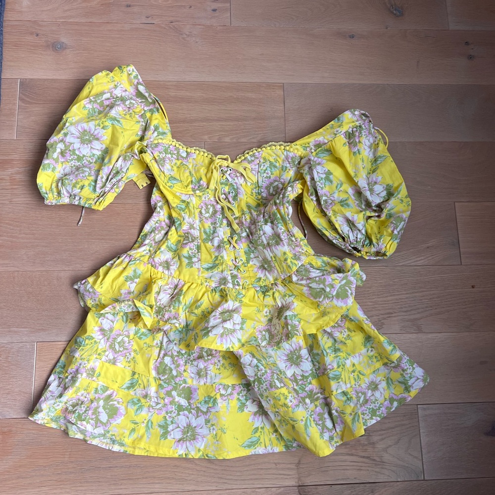 Yellow and Gray Off-Shoulder Puff Sleeve Mini Dress